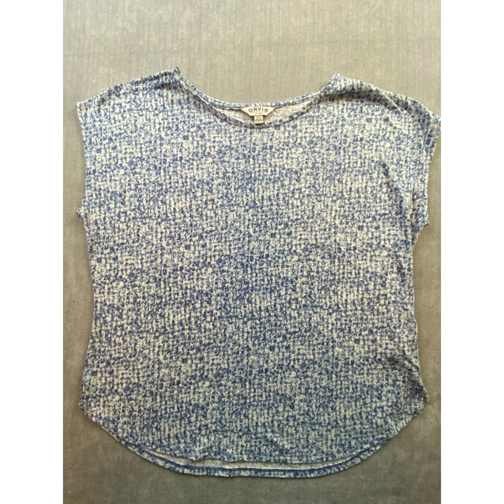 Orvis Classic Collection Blue White Linen Blend Abstract Print Top Womens Medium